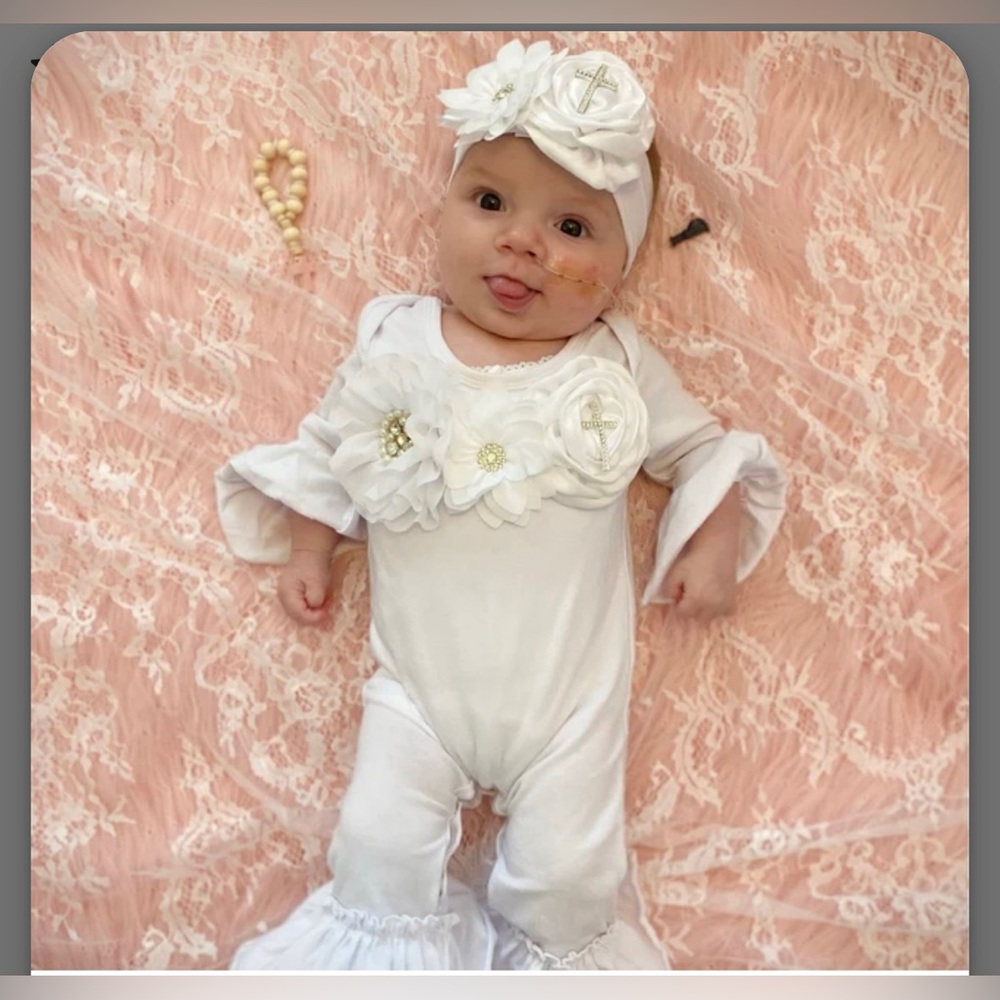 Christening/Baptism White Long Sleeve Romper Onesie Bell Bottoms & Flare sleeve